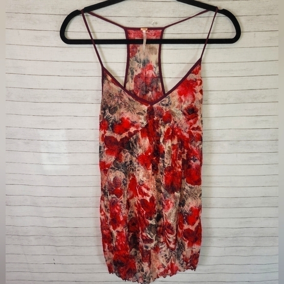 FREE PEOPLE FLORAL SHEER MESH RACER BANK CAMISOLE TANK TOP, SZ SMALL - Picture 1 of 8